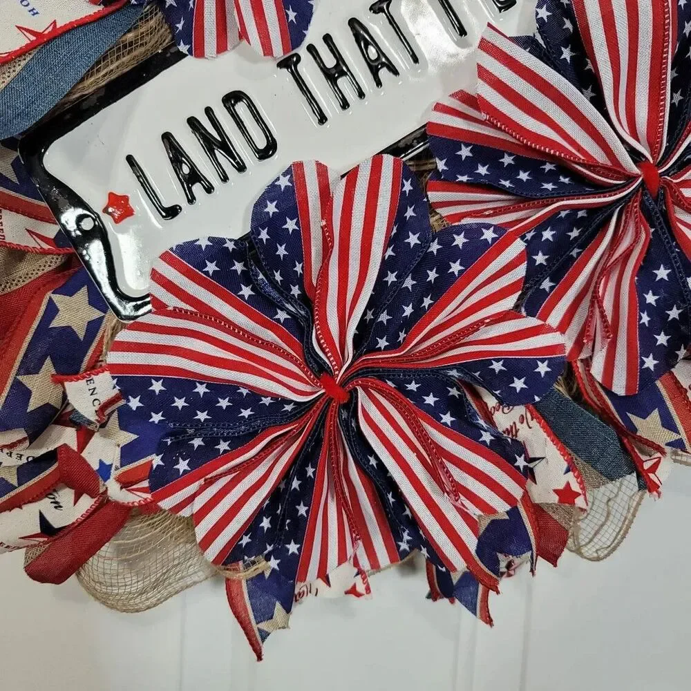 Patriotic Land That I Love Wreath, Pancake Wreath, 4th of July Front Door Wreath